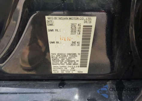 2016 Nissan Altima 2.5/2.5 S/2.5 Sl/2.5 Sr/2.5 Sv из США, поврежденный, VIN 1N4AL3AP0GC205129